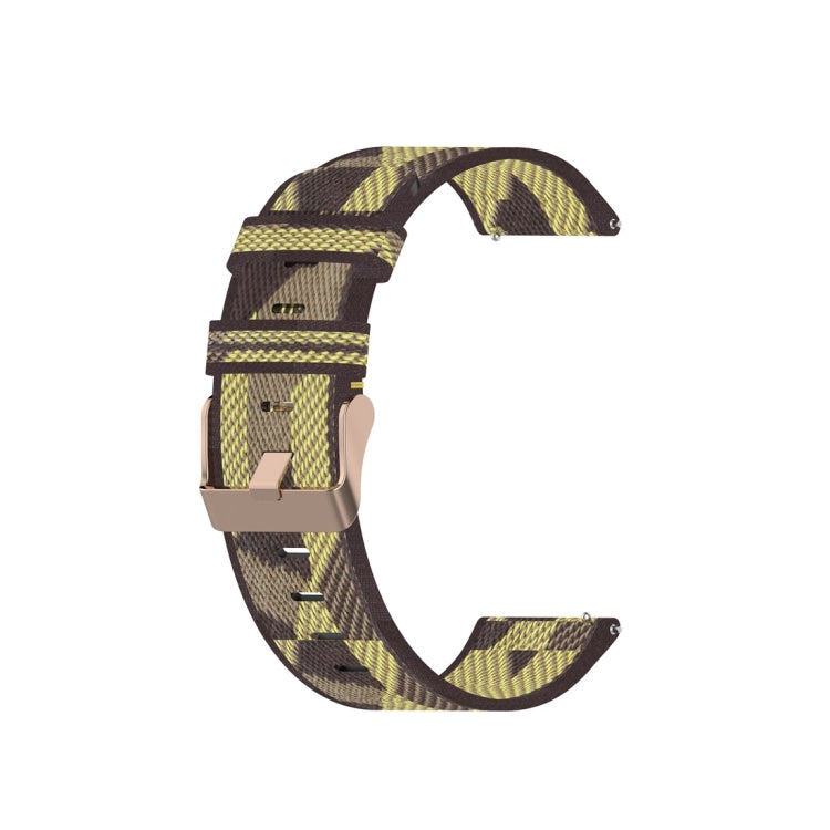 Woven nylon watch strap with dark brown and yellow woven pattern, metal buckle and holes