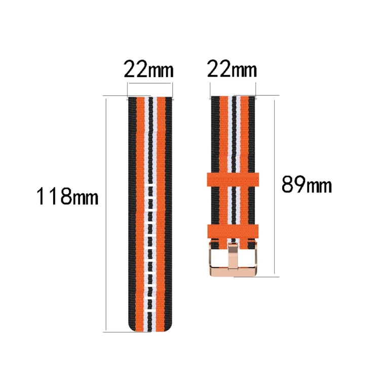 22mm woven nylon watch strap with black, white, orange stripe pattern
