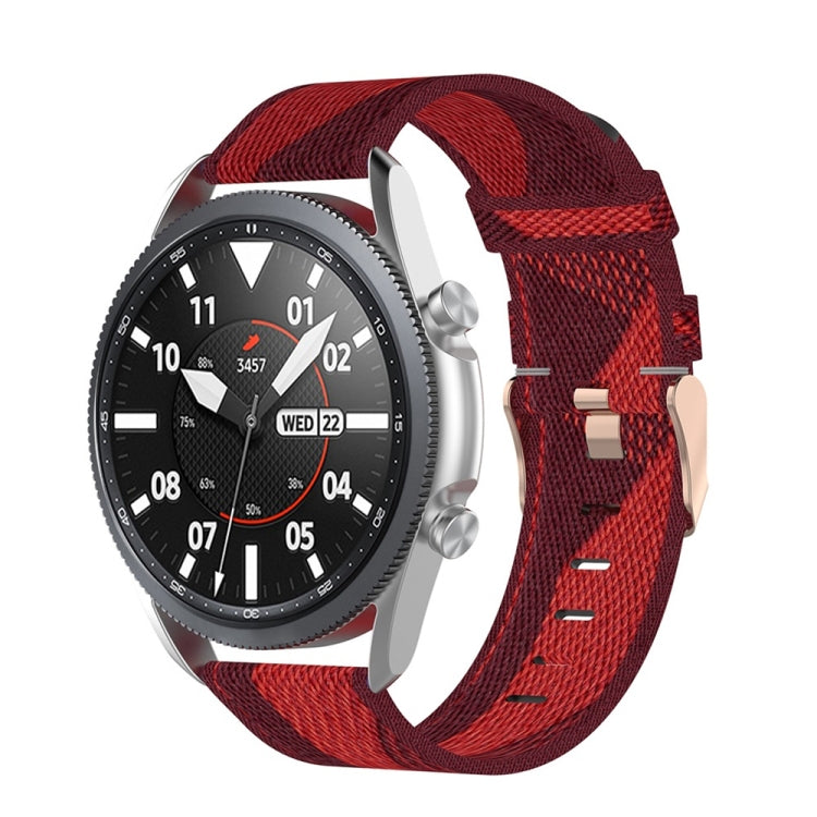 Woven nylon watch strap in red with dark plaid texture for Galaxy Watch