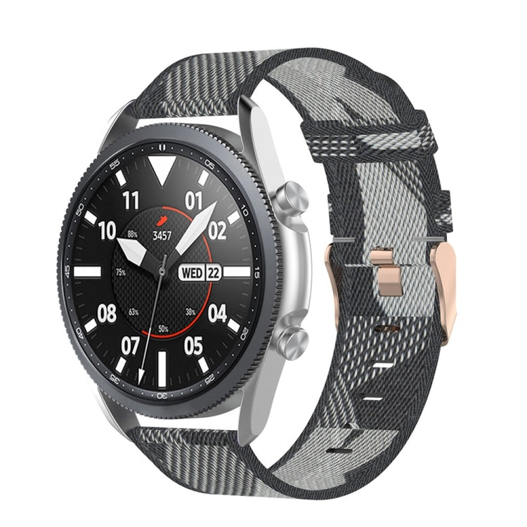 Woven nylon watch strap in charcoal and gray plaid with metal clasp