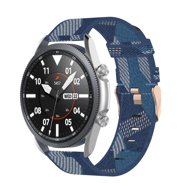 Woven nylon watch strap in blue plaid with adjustable pin-and-hole end