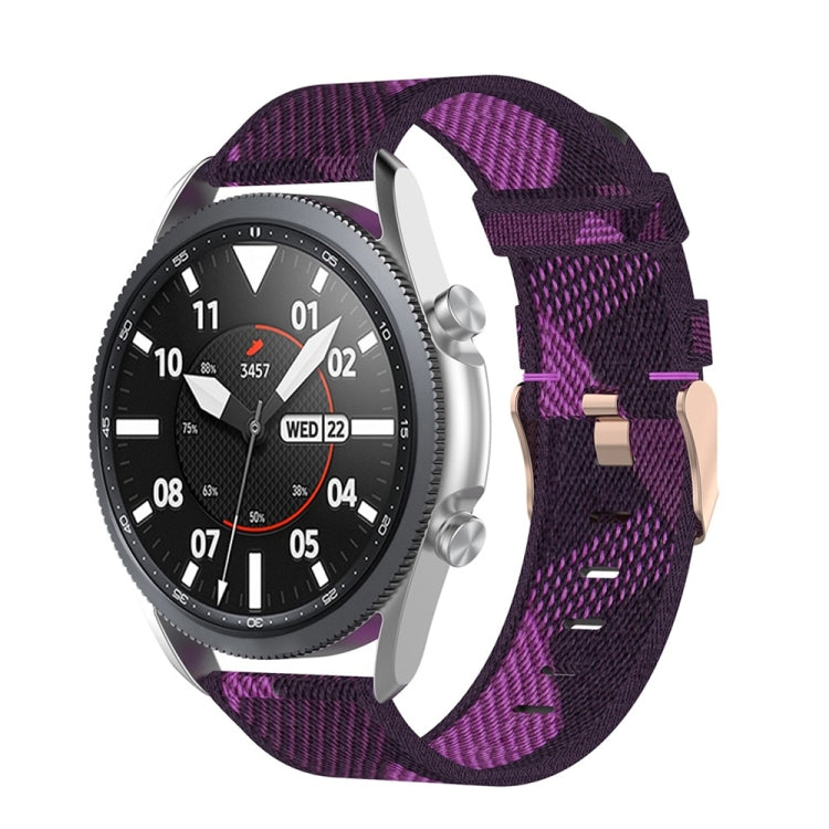 Woven nylon watch strap in purple plaid with metal clasp