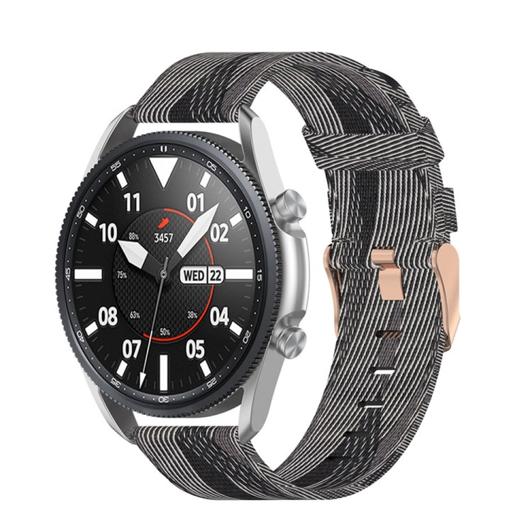 Woven nylon watch strap in dark gray and light gray stripe texture