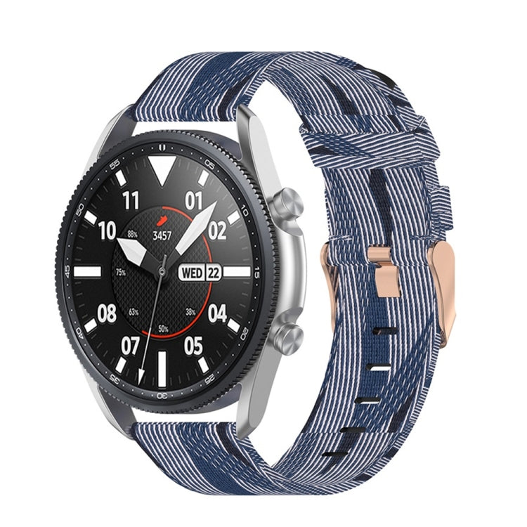 Woven nylon watch strap in blue stripe pattern with metal clasp