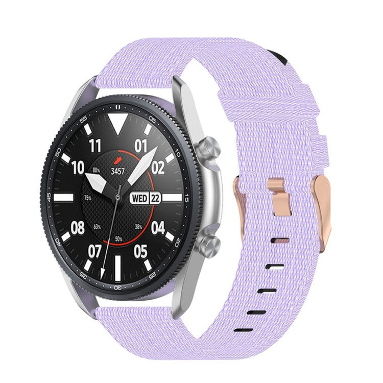 Woven nylon watch strap in light purple with adjustable pin-and-hole end
