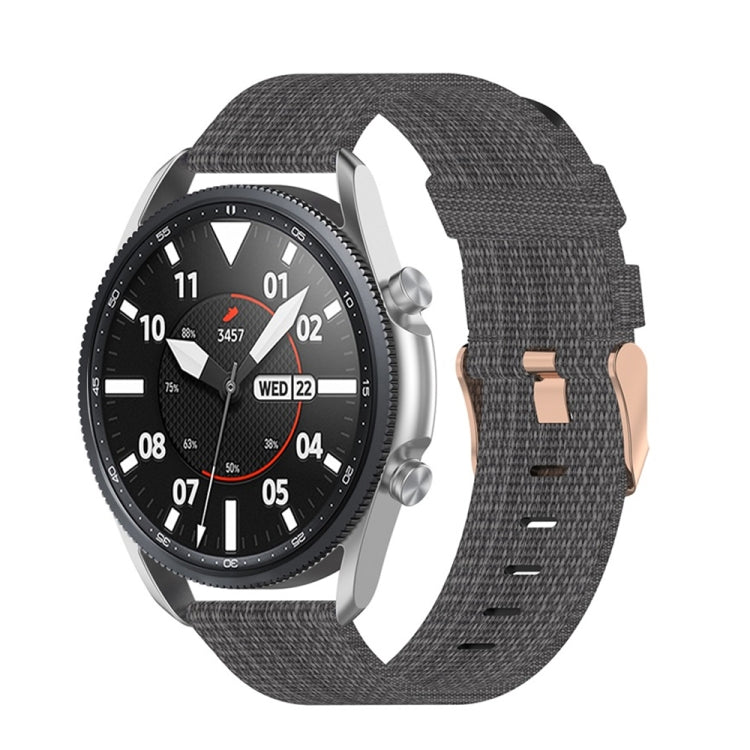 Woven nylon watch strap in dark gray textured fabric with metal clasp