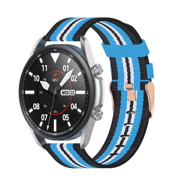 Woven nylon watch strap with textured stripes, blue and white on a black band