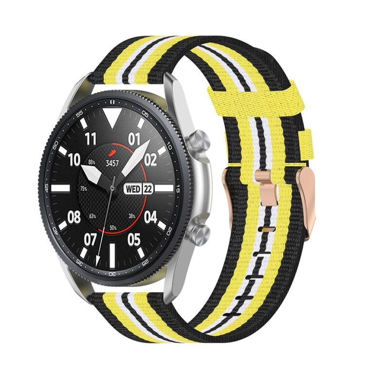 Woven nylon watch strap with textured stripes, yellow and white on a black band