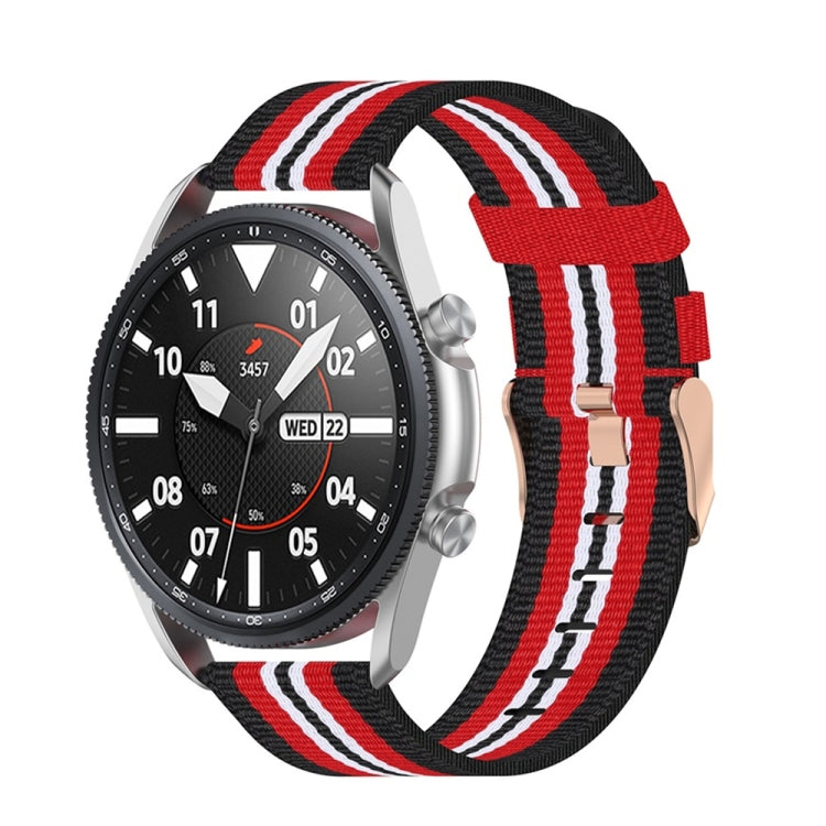 Woven nylon watch strap with textured stripes, red and white on a black band