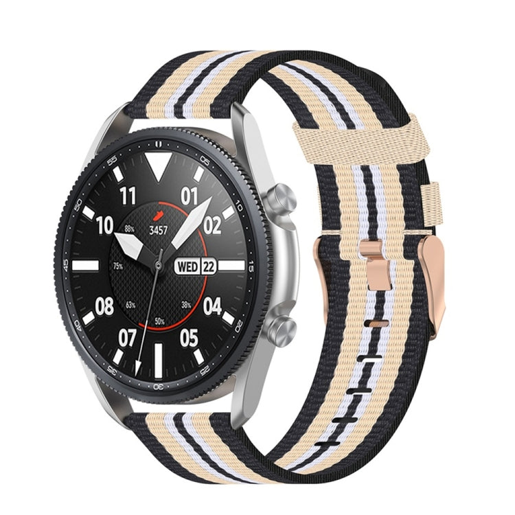 Woven nylon watch strap with textured stripes, beige and white on a black band