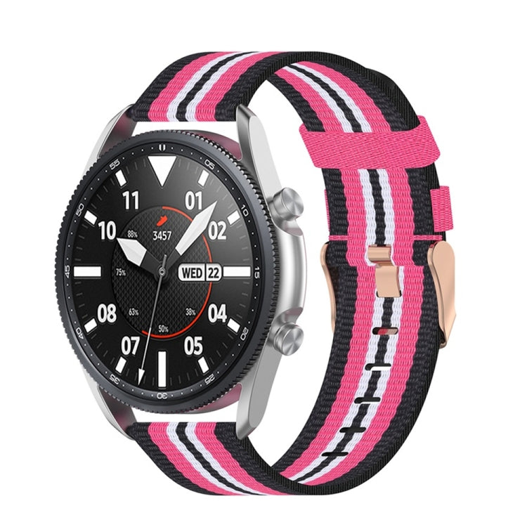 Woven nylon watch strap with textured stripes, pink and white on a black band
