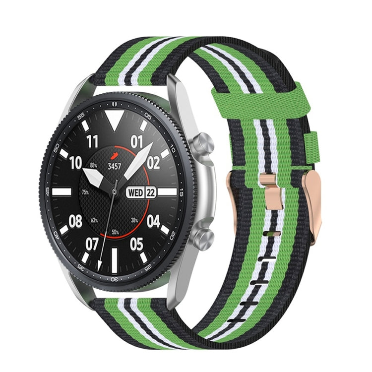 Woven nylon watch strap with textured stripes, green and white on a black band
