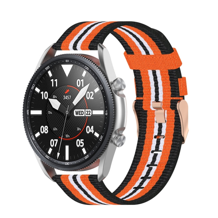 Woven nylon watch strap with textured stripes, orange and white on a black band
