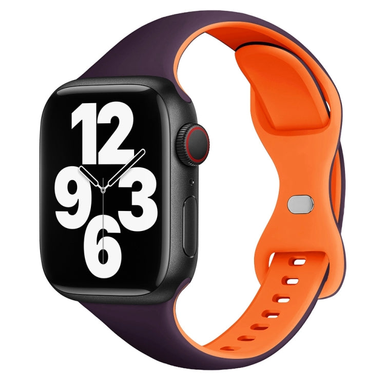 Slim silicone watch band in dark purple and orange with butterfly buckle on a smartwatch