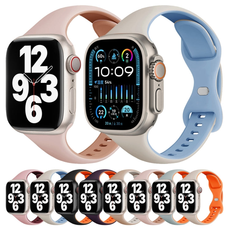 Slim silicone watch bands in several two-tone colors shown on smartwatches