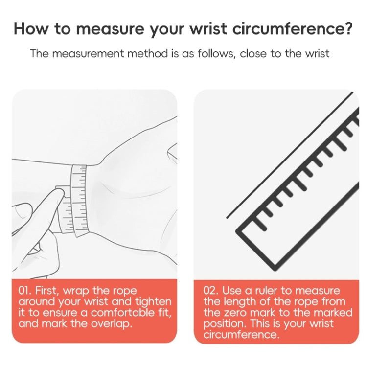 Watch band sizing guide showing how to measure wrist circumference with a string and ruler.
