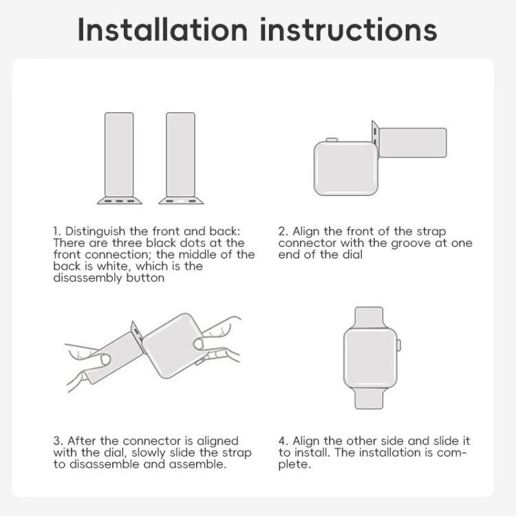 Watch band installation guide showing strap connectors attaching to a smartwatch.