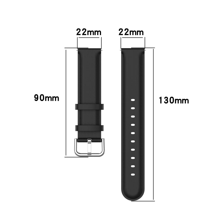Black leather watch strap with 22mm width, metal buckle, perforated holes