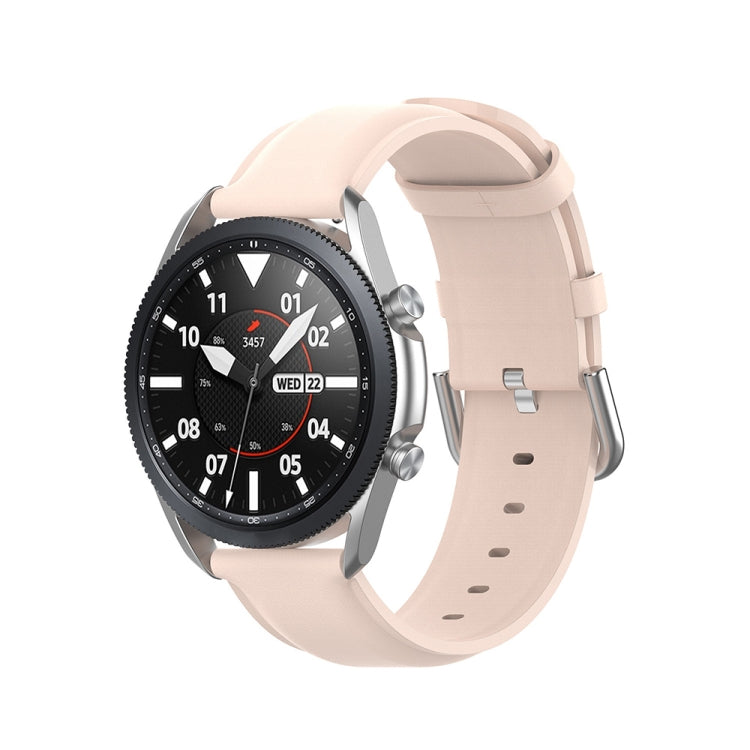 Light pink leather watch strap with metal buckle and adjustment holes