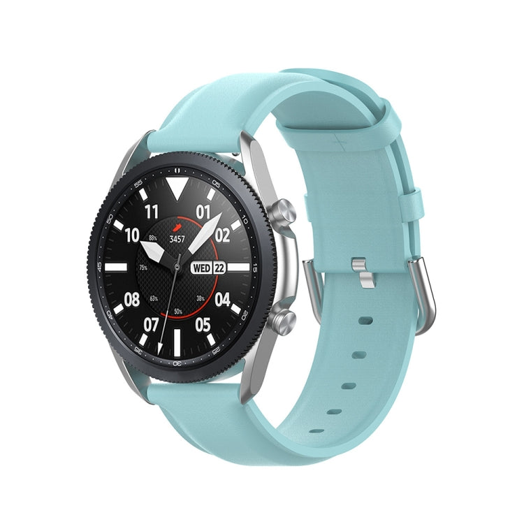Light blue leather watch strap with metal buckle and perforated adjustment holes