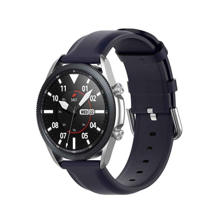 Navy blue leather watch strap with metal buckle and adjustment holes