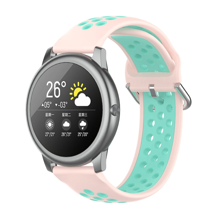 Two-tone silicone sports smartwatch strap, light pink and teal, 22mm.