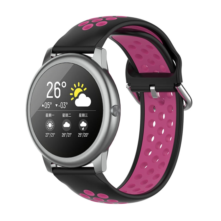 Two-tone silicone sports smartwatch strap, black and magenta, 22mm.