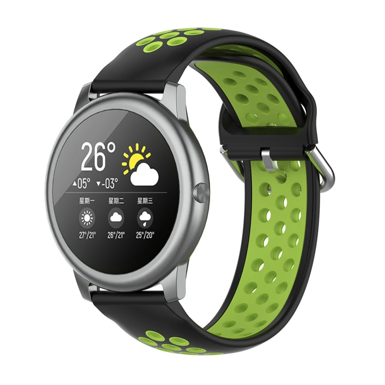 Two-tone silicone sports smartwatch strap, black and lime green, 22mm.