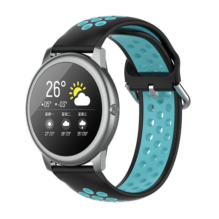 Two-tone silicone sports smartwatch strap, black and turquoise, 22mm.