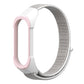 Pink and white nylon watch strap with gray woven band, smartwatch front shown