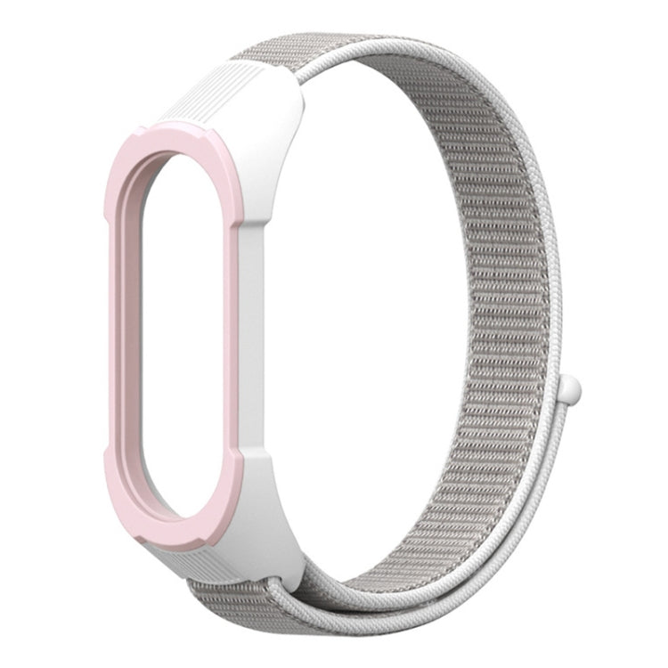 Pink and white nylon watch strap with gray woven band, smartwatch front shown