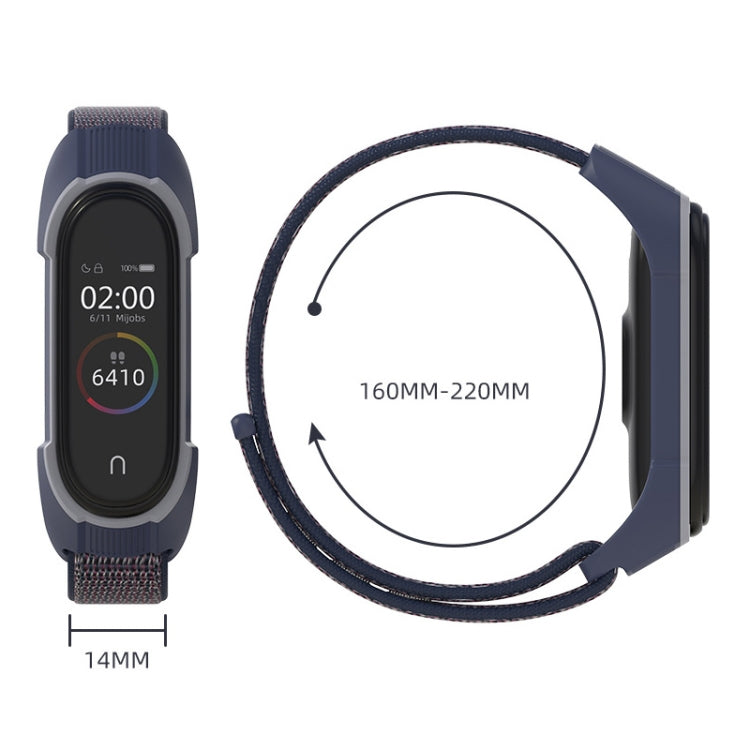 Navy nylon watch strap with smartwatch display and adjustable band size marking