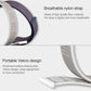 Gray and navy nylon watch strap close-up with white Velcro-style clasp end
