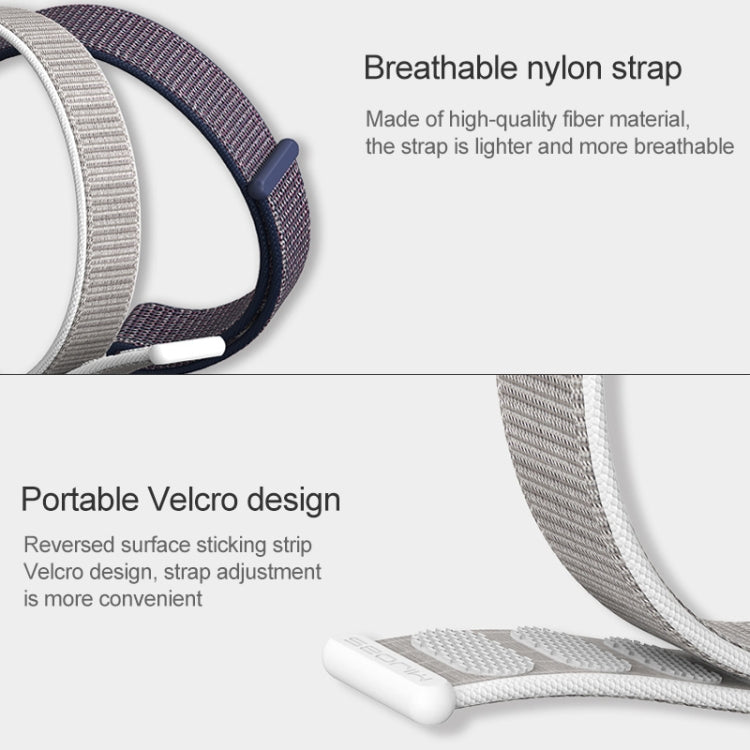 Gray and navy nylon watch strap close-up with white Velcro-style clasp end