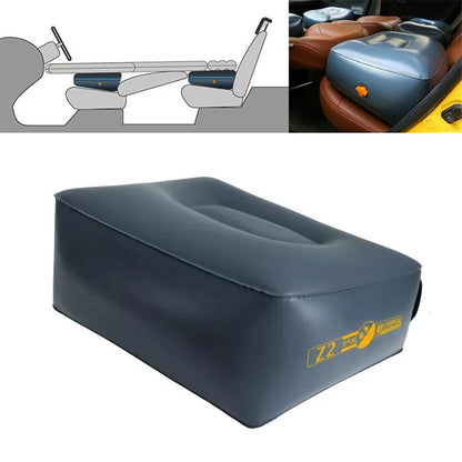 Dark blue inflatable car travel stool with molded top handle and small side valve