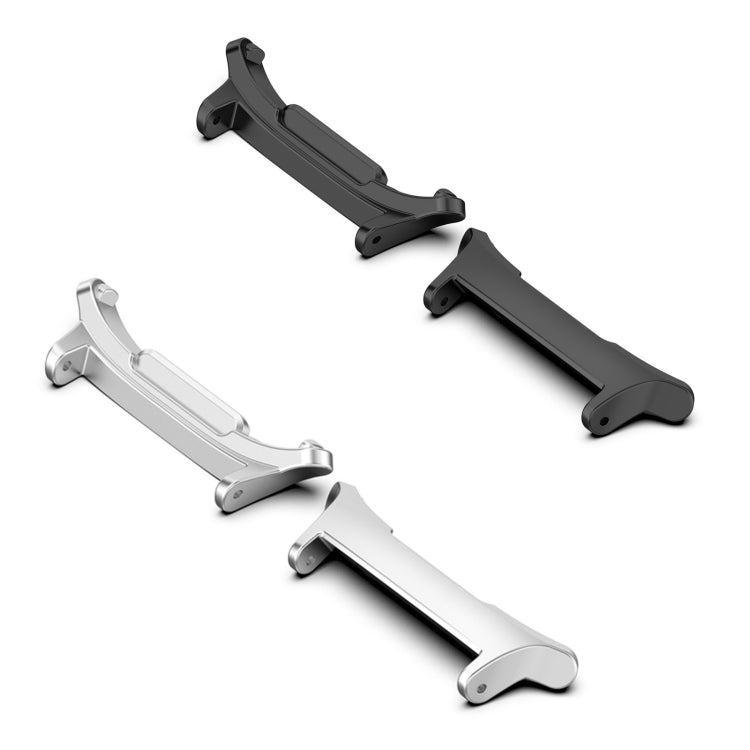 Black and silver metal watch band connector pairs, shown at an angle