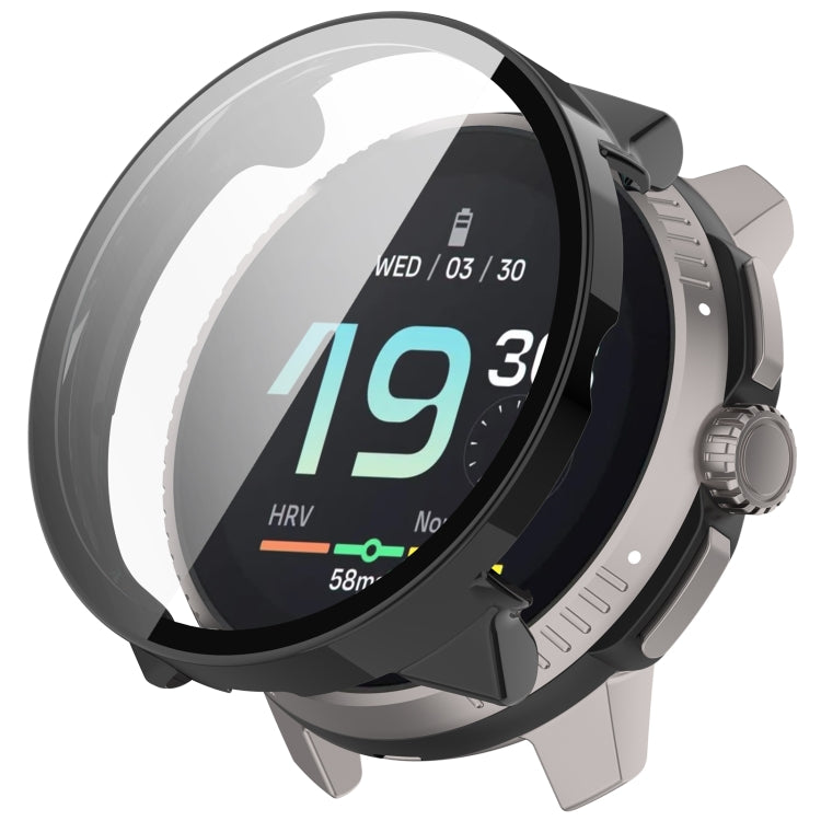 Black protective watch case with integrated tempered glass screen protector for Suunto Race S