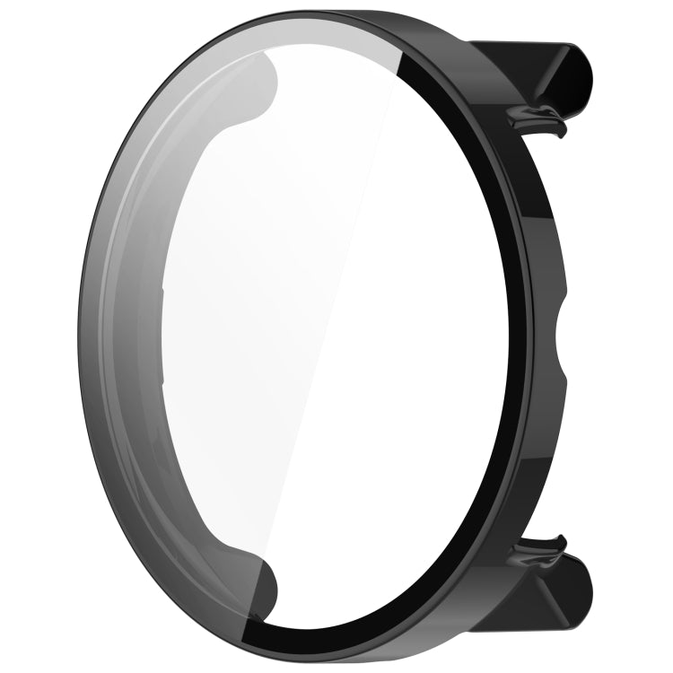 Black round protective watch case with integrated clear screen protector, front view