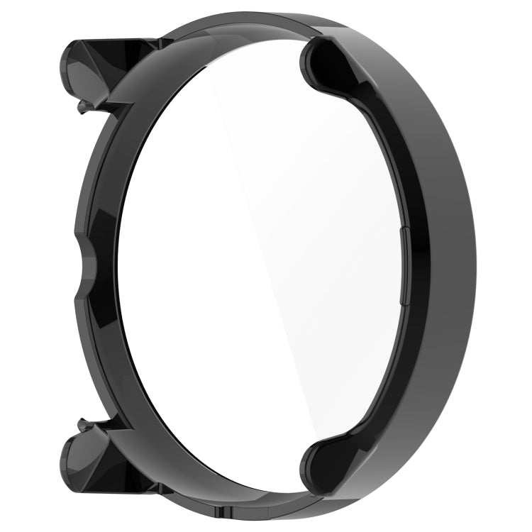 Black round protective watch case with integrated screen protector, rear view