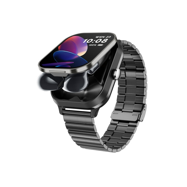 Smartwatch with metal link strap and earbuds stored beneath its raised screen