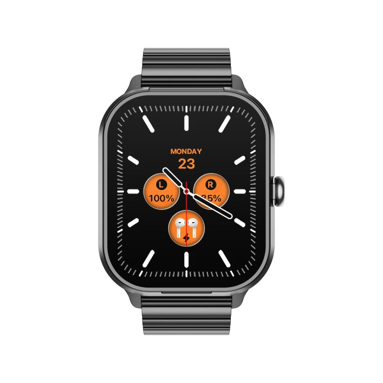 Smartwatch with metal link strap and analog-style face displaying earbud battery levels
