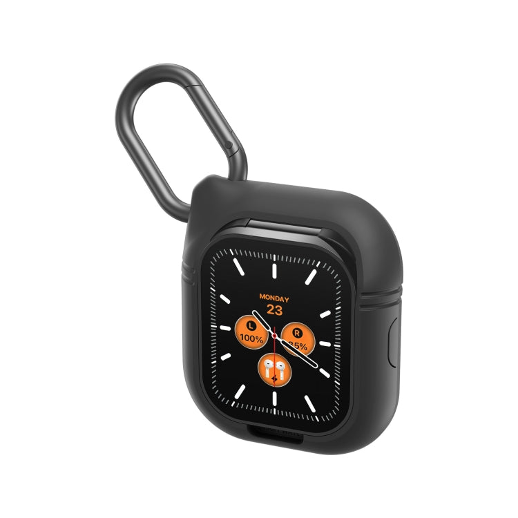 Black smartwatch earbud charging case with carabiner loop and digital watch face