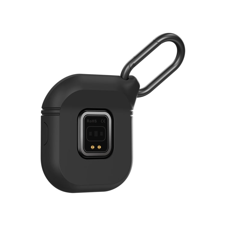 Back of black smartwatch earbud charging case with carabiner loop and charging contacts