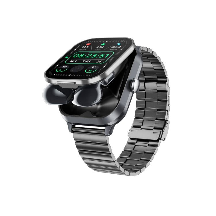 Smartwatch with steel link band and open case holding wireless earbuds
