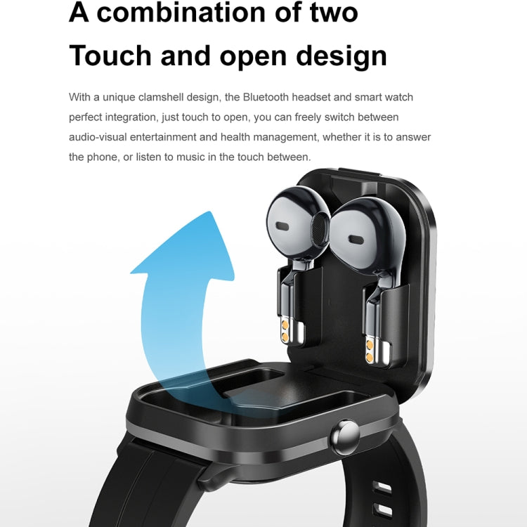 Smartwatch with open charging case holding two wireless earbuds