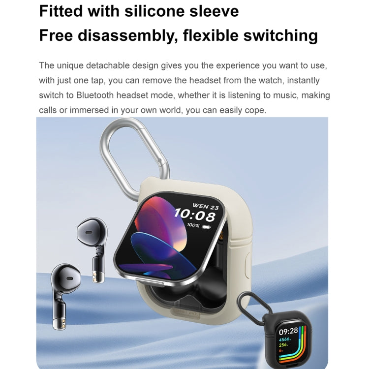 Smartwatch with detachable wireless earbuds in a light-colored protective sleeve