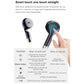 Wireless earbuds with touch controls, shown beside a smartwatch feature guide