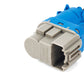 Brake light switch connector with blue module and gray latch housing