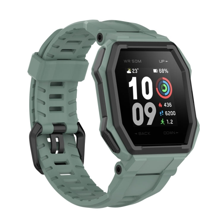 Army green silicone watch strap with rugged buckle and perforated links