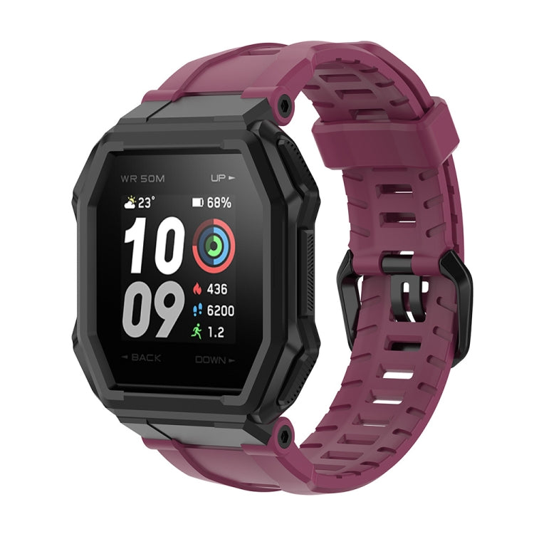 Burgundy silicone watch strap with rugged clasp and textured link holes
